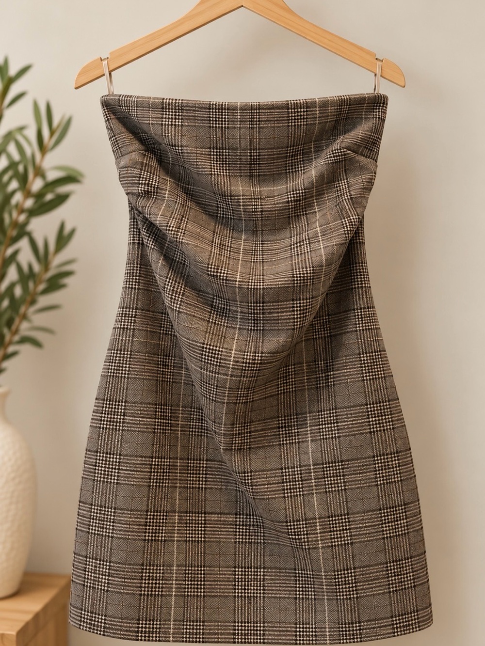 Plaid Strapless Mini Dress in Brown